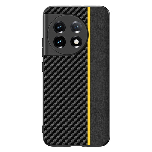 For OnePlus 11 5G PU Leather Coated TPU Case Ultra Slim Carbon Fiber Texture Anti-scratch Phone Cover - Carbon Fiber / Splicing Yellow