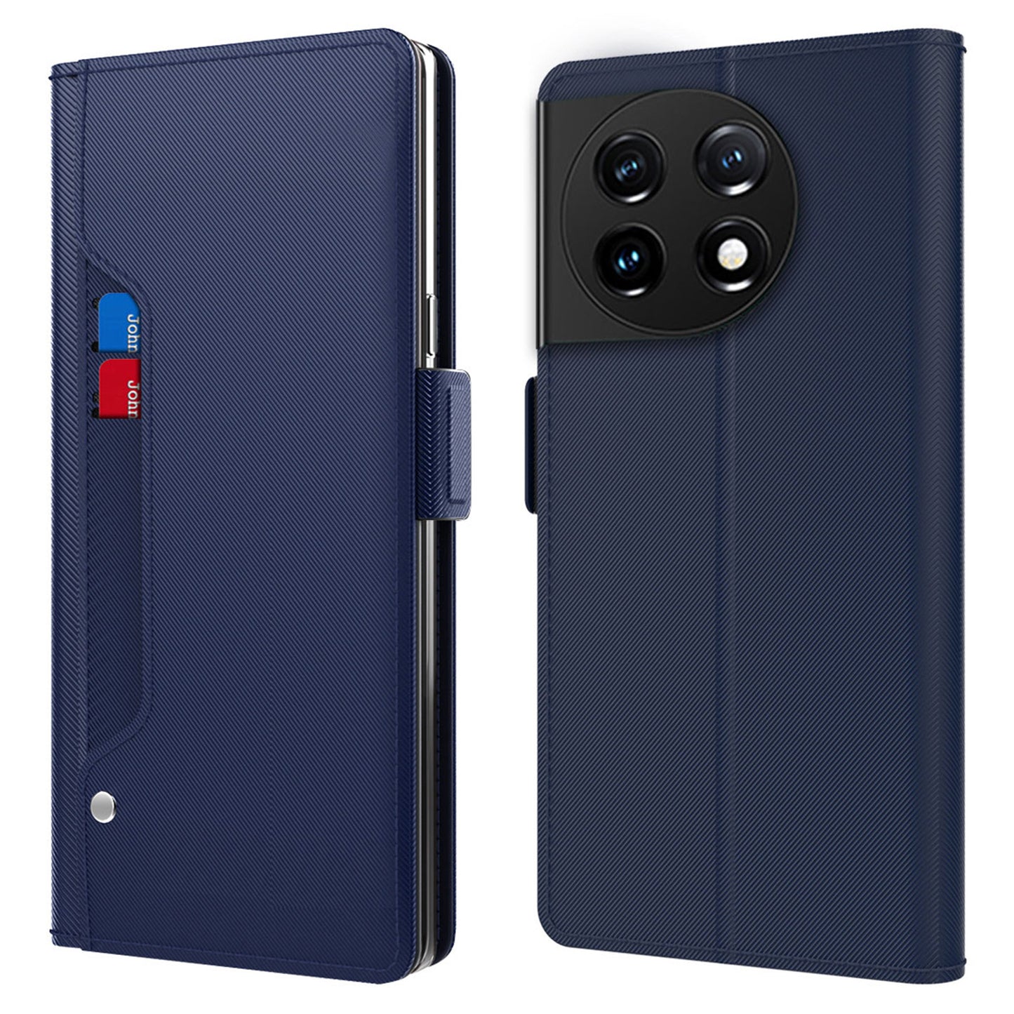 Anti-fall Phone Case for OnePlus 11 5G, PU Leather+TPU Foldable Stand Card Holder Magnetic Phone Cover with Makeup Mirror - Blue