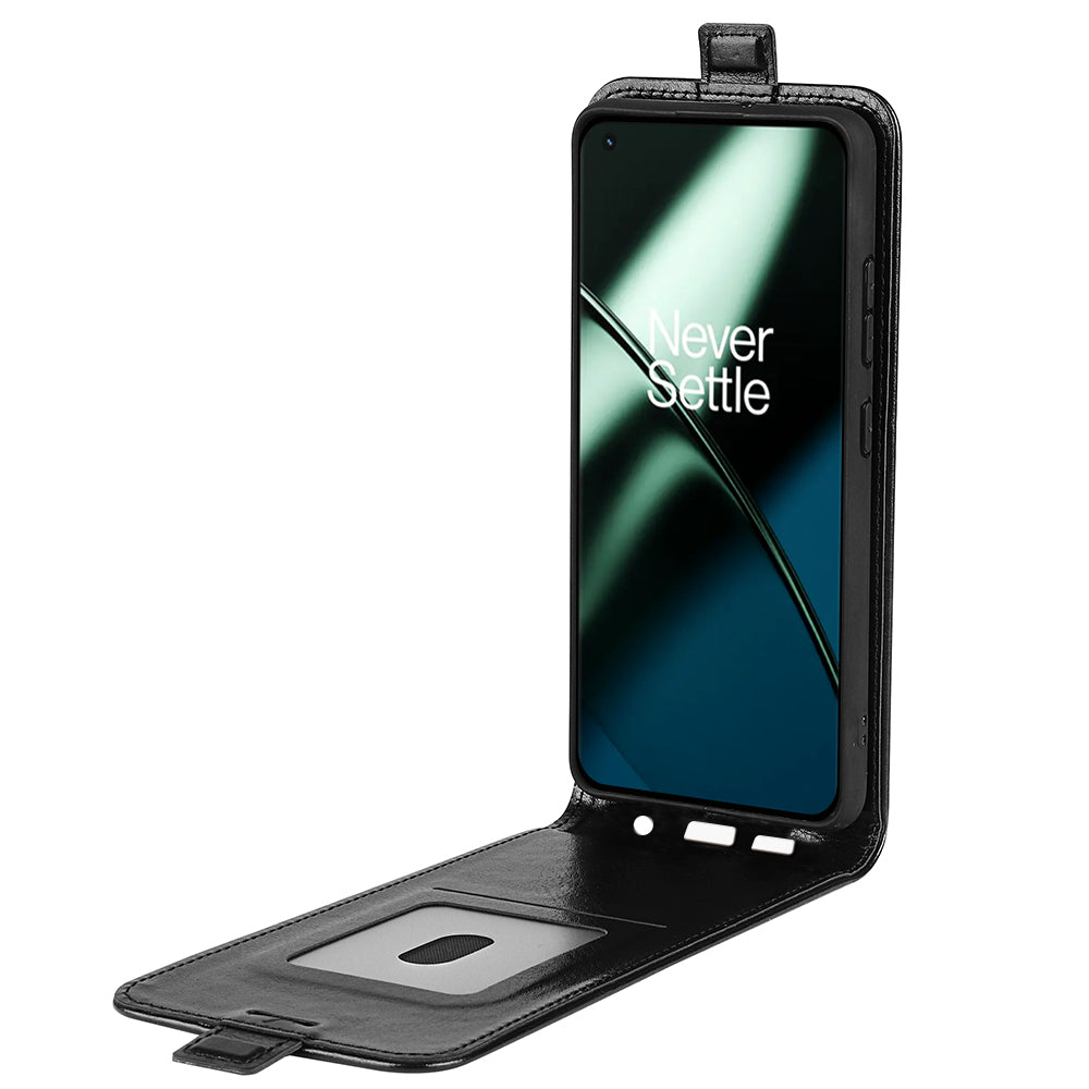 For OnePlus 11 5G Crazy Horse Texture PU Leather Anti-drop Phone Case with Card Slot Dual Magnetic Clasp Vertical Flip Phone Cover - Black