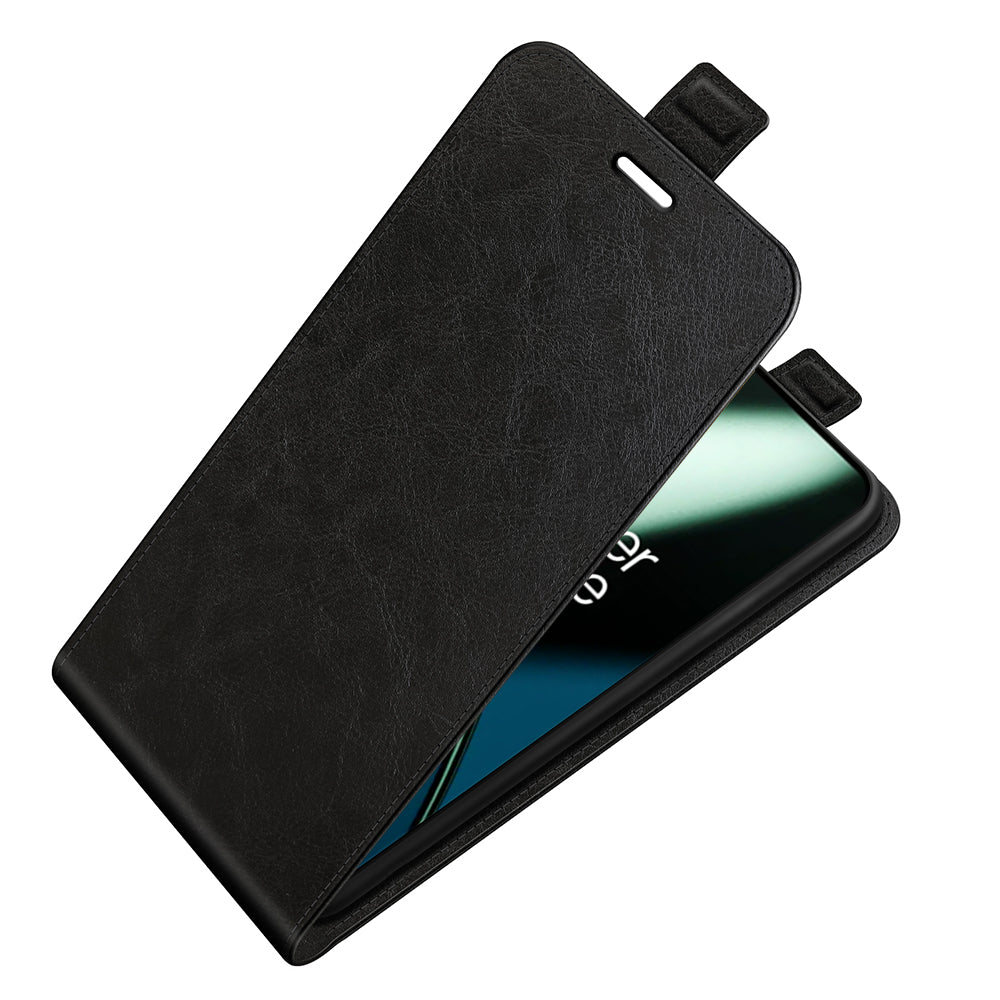 For OnePlus 11 5G Crazy Horse Texture PU Leather Anti-drop Phone Case with Card Slot Dual Magnetic Clasp Vertical Flip Phone Cover - Black