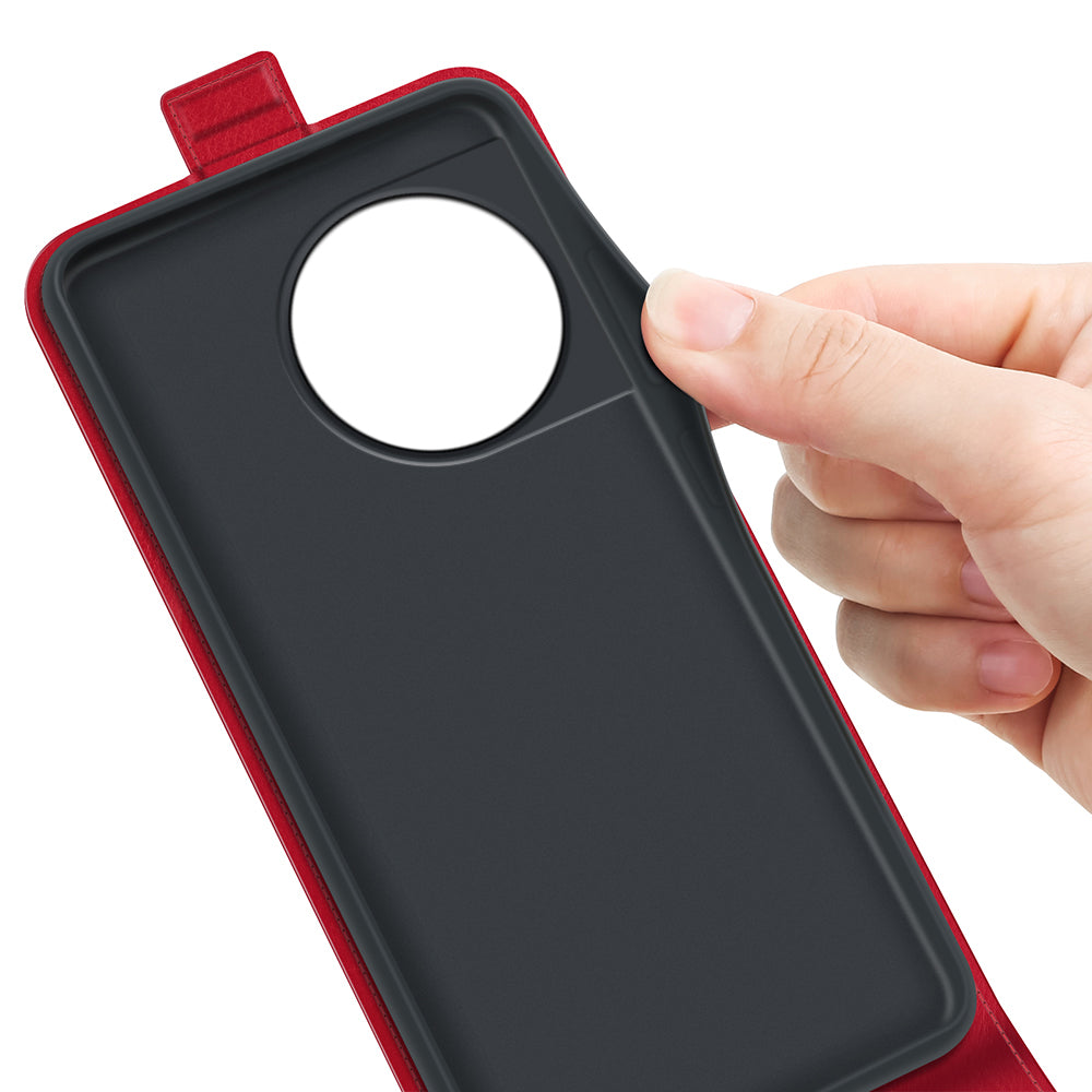 For OnePlus 11 5G Crazy Horse Texture PU Leather Anti-drop Phone Case with Card Slot Dual Magnetic Clasp Vertical Flip Phone Cover - Red