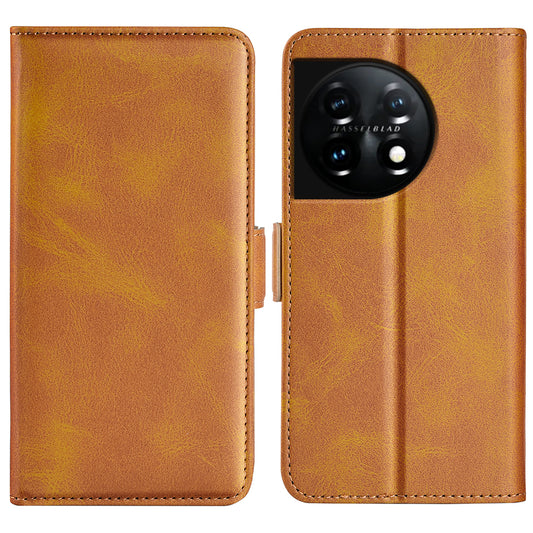 For OnePlus 11 5G Calf Texture PU Leather Phone Case Dual Magnetic Clasp Protective Cover with Stand Wallet - Yellow