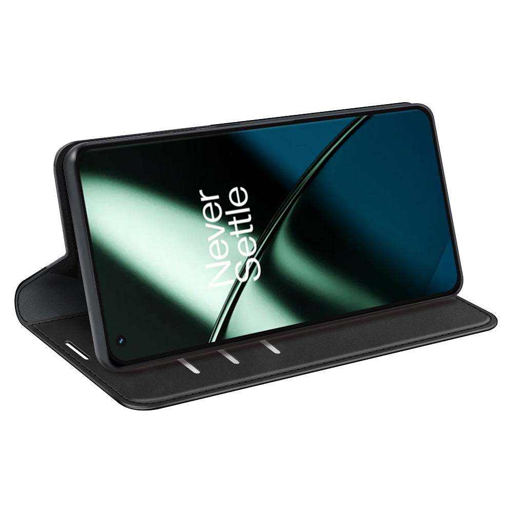 For OnePlus 11 5G Skin-touch Feeling Magnetic Auto-absorbed Wallet Case Fully Wrapped PU Leather Stand Flip Phone Cover - Black