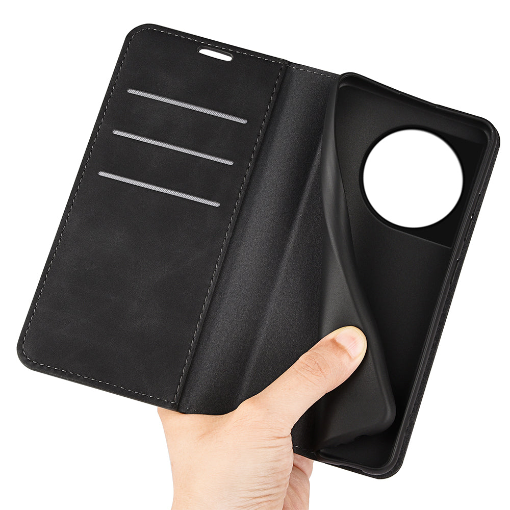 For OnePlus 11 5G Skin-touch Feeling Magnetic Auto-absorbed Wallet Case Fully Wrapped PU Leather Stand Flip Phone Cover - Black