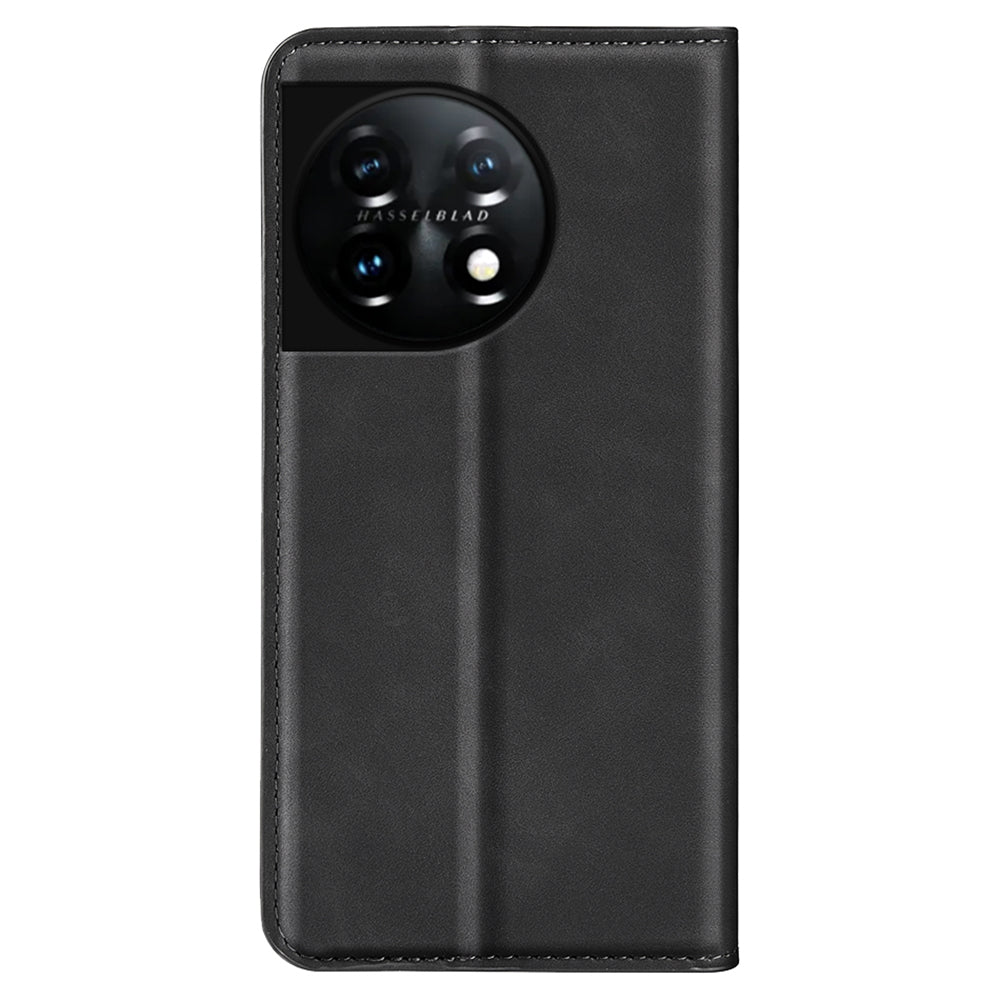 For OnePlus 11 5G Skin-touch Feeling Magnetic Auto-absorbed Wallet Case Fully Wrapped PU Leather Stand Flip Phone Cover - Black