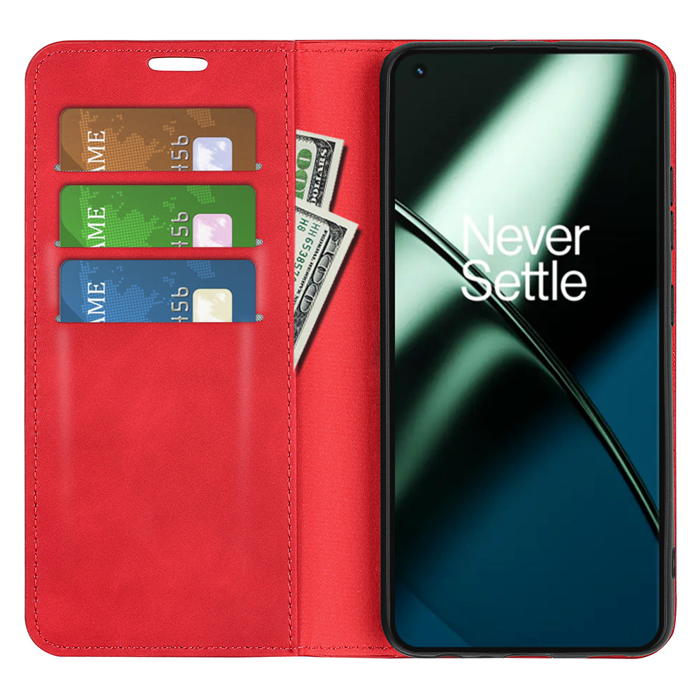 For OnePlus 11 5G Skin-touch Feeling Magnetic Auto-absorbed Wallet Case Fully Wrapped PU Leather Stand Flip Phone Cover - Red