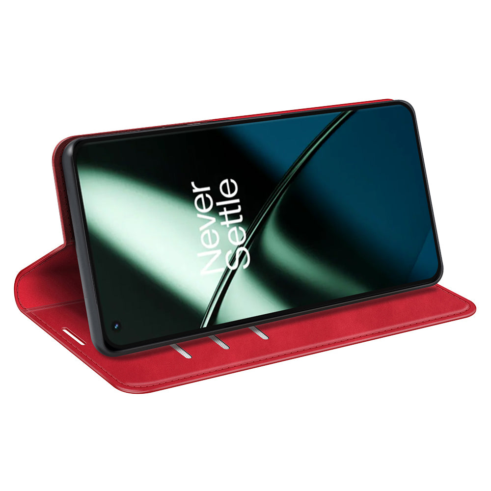 For OnePlus 11 5G Skin-touch Feeling Magnetic Auto-absorbed Wallet Case Fully Wrapped PU Leather Stand Flip Phone Cover - Red