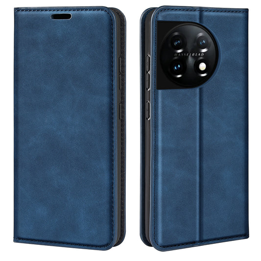 For OnePlus 11 5G Skin-touch Feeling Magnetic Auto-absorbed Wallet Case Fully Wrapped PU Leather Stand Flip Phone Cover - Blue