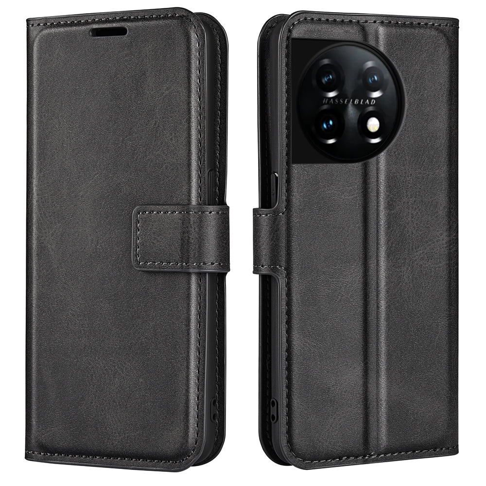 Shockproof Phone Case For OnePlus 11 5G, PU Leather Stand Wallet Calf Texture Square Magnetic Clasp Phone Cover - Black