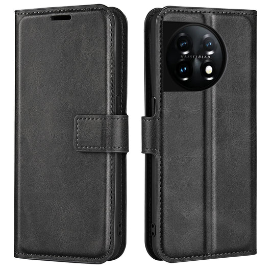 Shockproof Phone Case For OnePlus 11 5G, PU Leather Stand Wallet Calf Texture Square Magnetic Clasp Phone Cover - Black