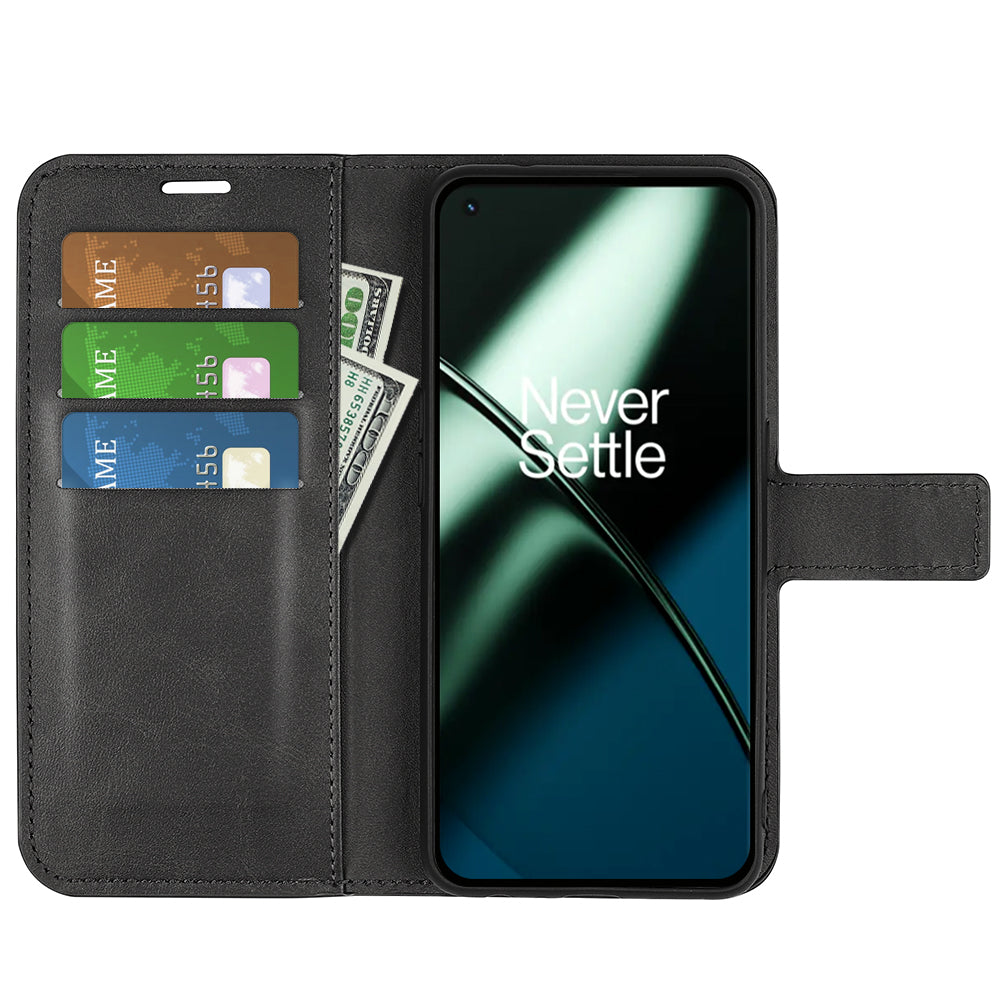Shockproof Phone Case For OnePlus 11 5G, PU Leather Stand Wallet Calf Texture Square Magnetic Clasp Phone Cover - Black