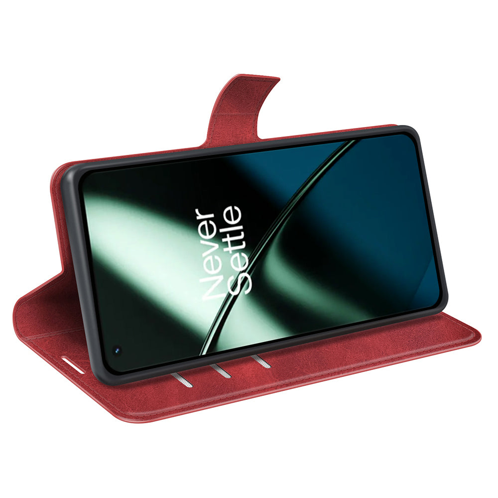Shockproof Phone Case For OnePlus 11 5G, PU Leather Stand Wallet Calf Texture Square Magnetic Clasp Phone Cover - Red