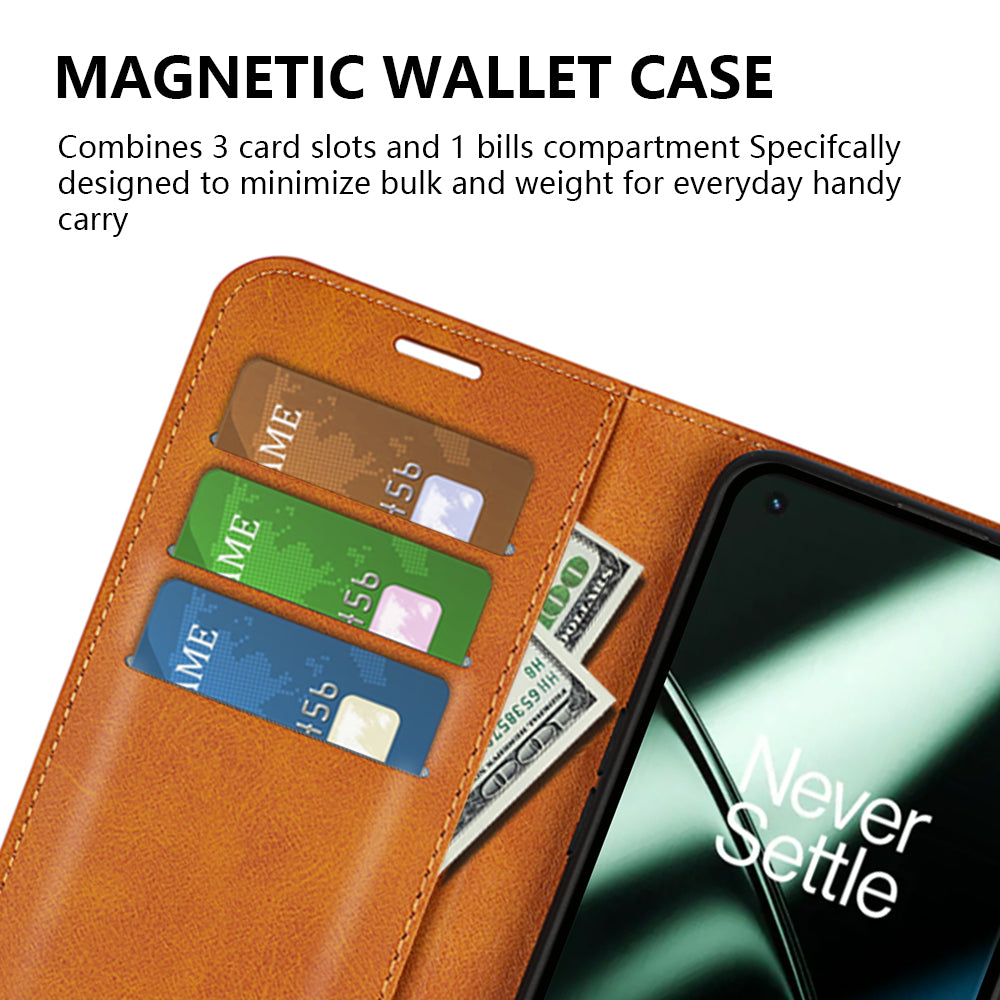 Shockproof Phone Case For OnePlus 11 5G, PU Leather Stand Wallet Calf Texture Square Magnetic Clasp Phone Cover - Red
