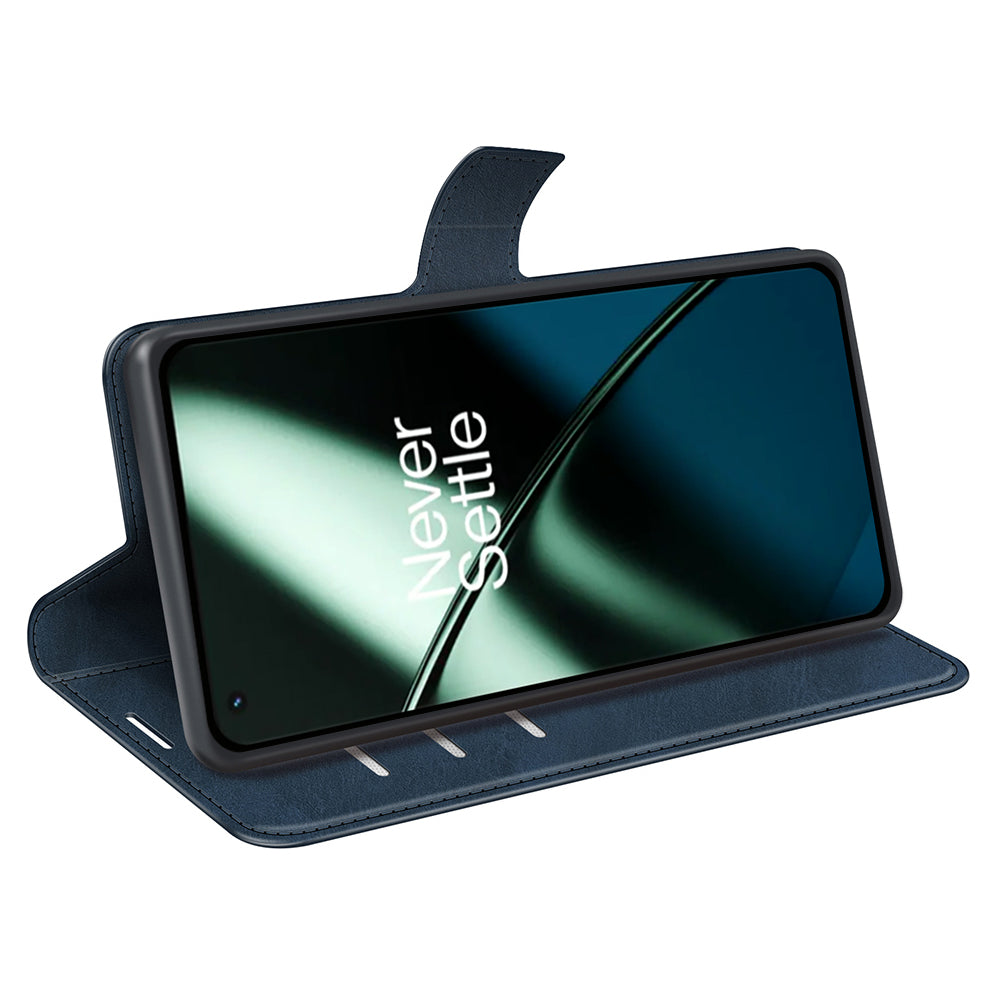 Shockproof Phone Case For OnePlus 11 5G, PU Leather Stand Wallet Calf Texture Square Magnetic Clasp Phone Cover - Blue