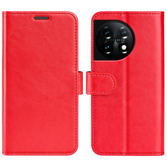 For OnePlus 11 5G Full Protection Crazy Horse Texture PU Leather Magnetic Phone Case Stand Wallet Flip Phone Cover - Red