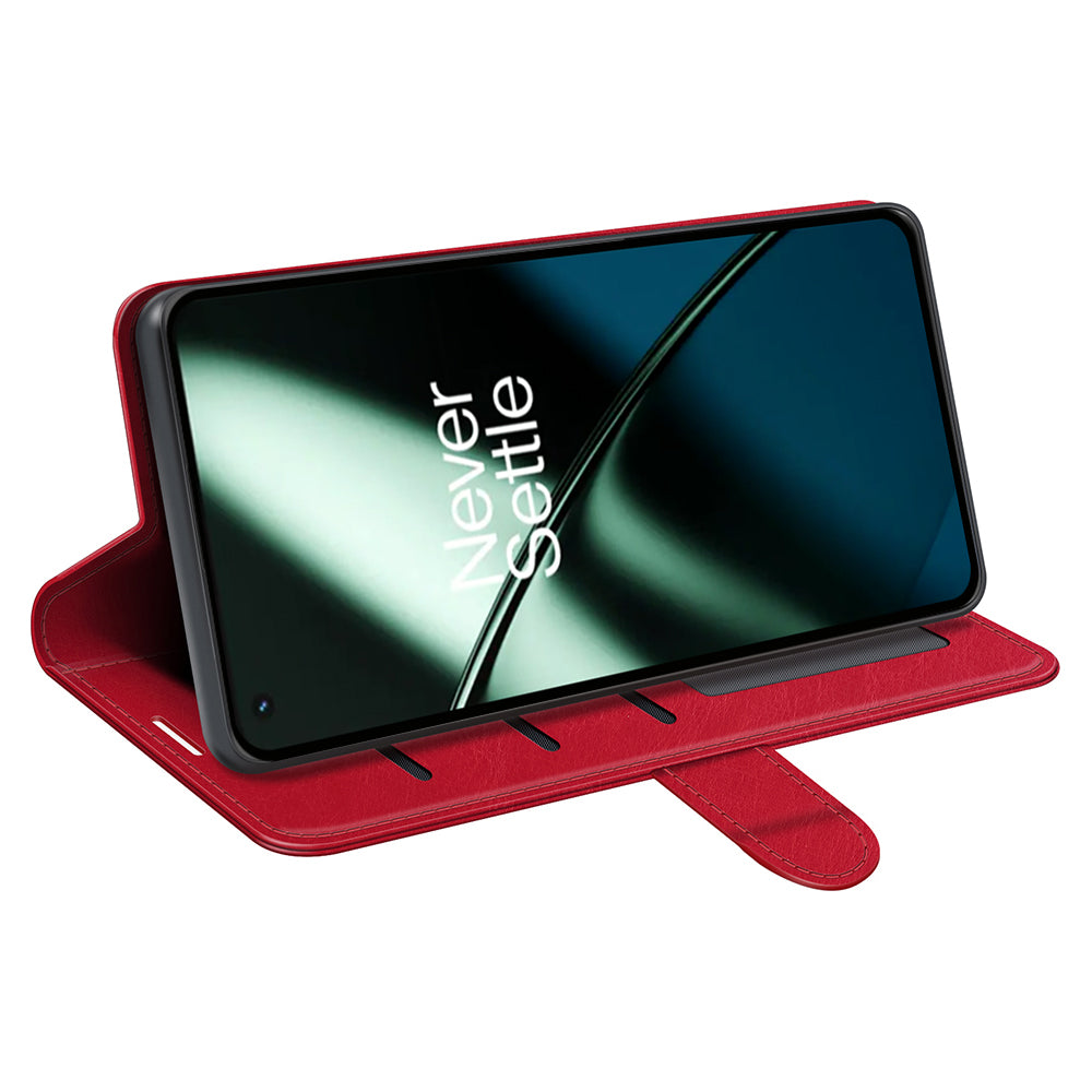 For OnePlus 11 5G Full Protection Crazy Horse Texture PU Leather Magnetic Phone Case Stand Wallet Flip Phone Cover - Red