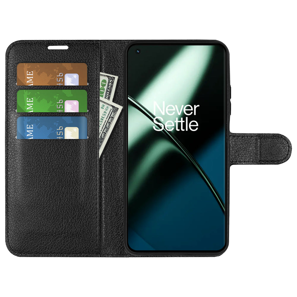Phone Stand Wallet Cover for OnePlus 11 5G, Litchi Texture Book Style PU Leather Phone Flip Case - Black