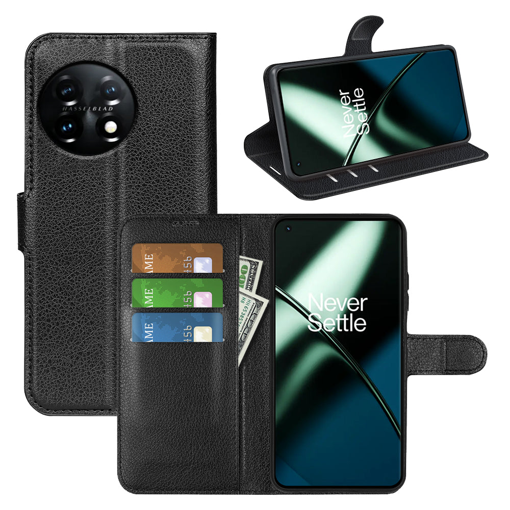 Phone Stand Wallet Cover for OnePlus 11 5G, Litchi Texture Book Style PU Leather Phone Flip Case - Black