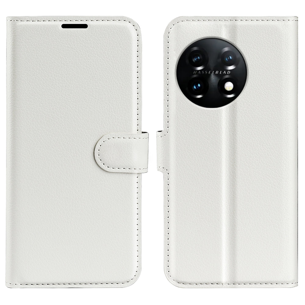 Phone Stand Wallet Cover for OnePlus 11 5G, Litchi Texture Book Style PU Leather Phone Flip Case - White