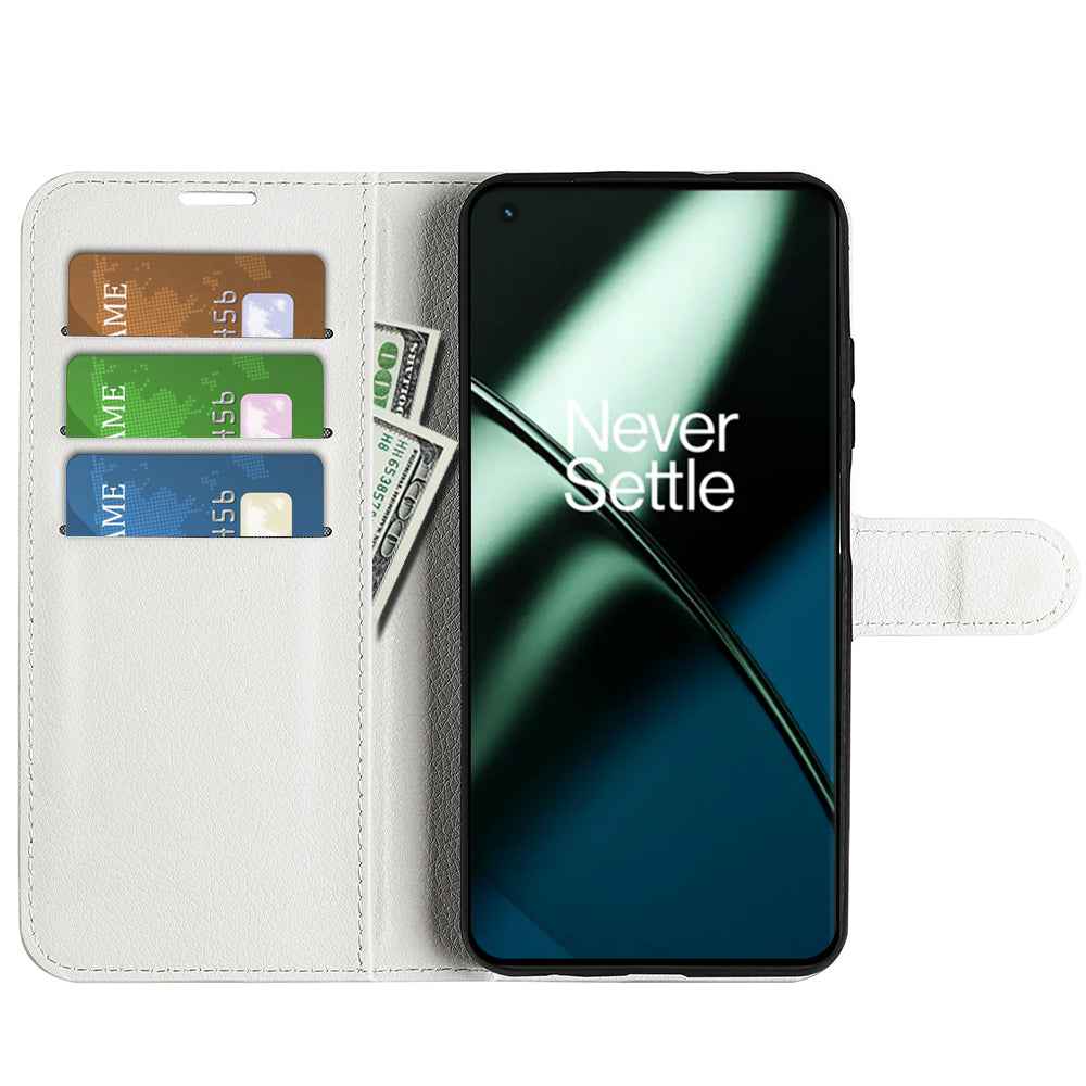 Phone Stand Wallet Cover for OnePlus 11 5G, Litchi Texture Book Style PU Leather Phone Flip Case - White