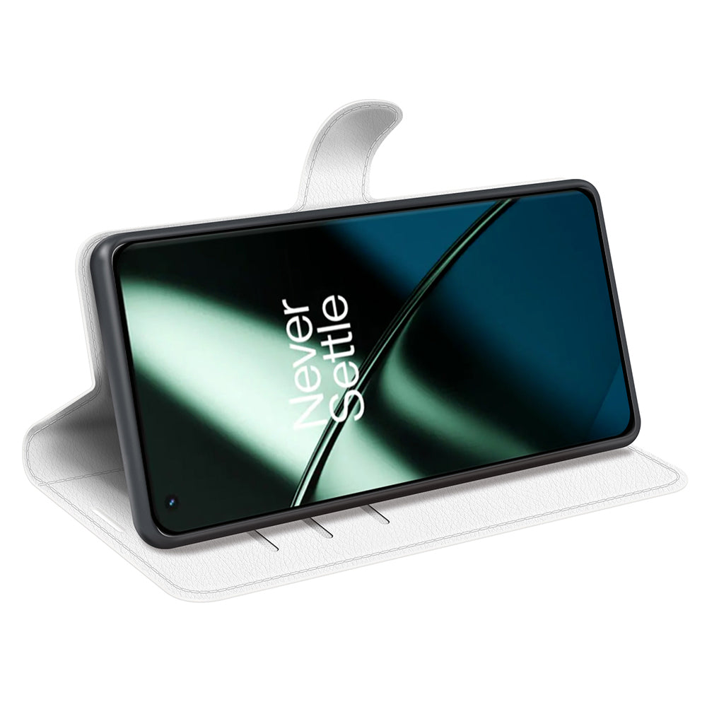 Phone Stand Wallet Cover for OnePlus 11 5G, Litchi Texture Book Style PU Leather Phone Flip Case - White