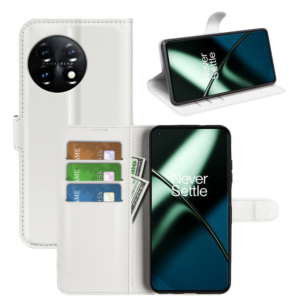 Phone Stand Wallet Cover for OnePlus 11 5G, Litchi Texture Book Style PU Leather Phone Flip Case - White