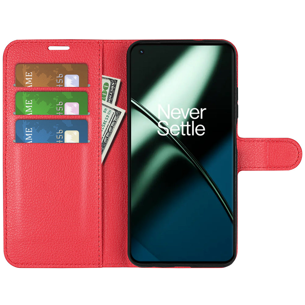 Phone Stand Wallet Cover for OnePlus 11 5G, Litchi Texture Book Style PU Leather Phone Flip Case - Red