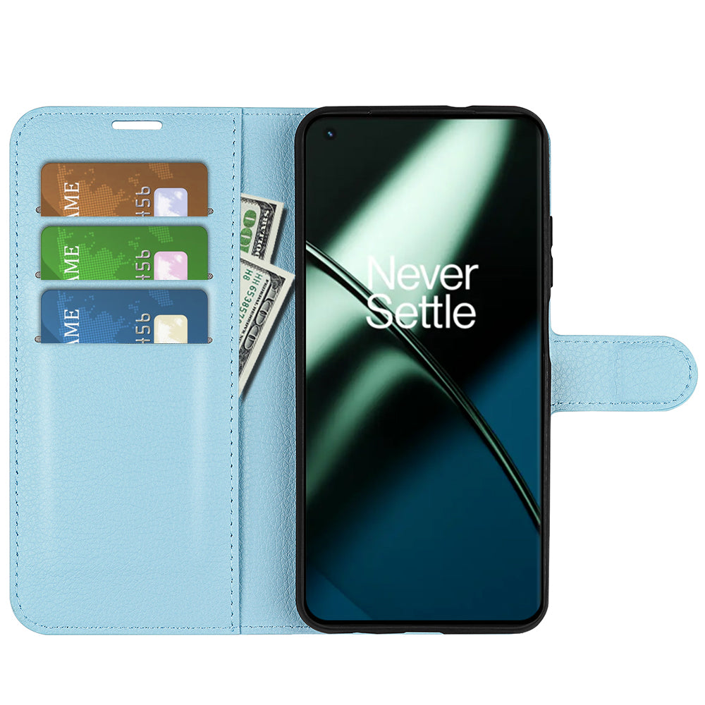 Phone Stand Wallet Cover for OnePlus 11 5G, Litchi Texture Book Style PU Leather Phone Flip Case - Blue