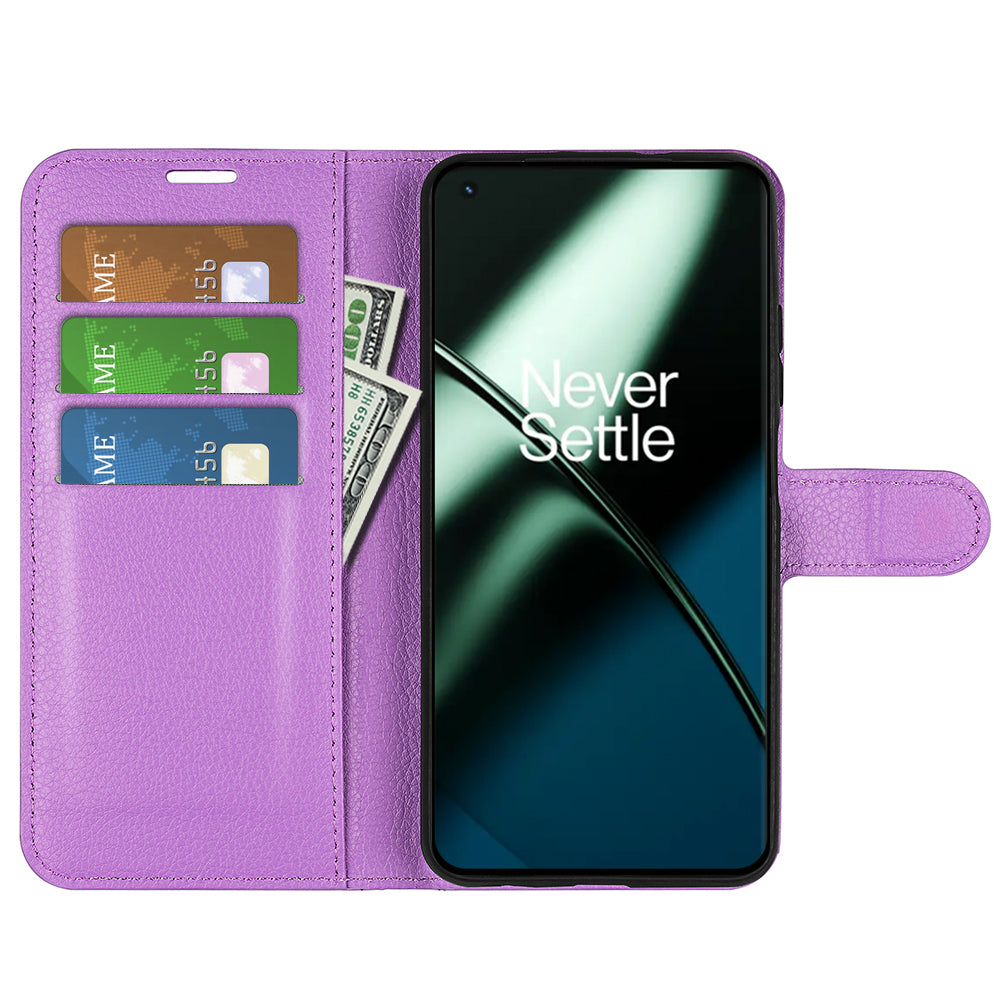 Phone Stand Wallet Cover for OnePlus 11 5G, Litchi Texture Book Style PU Leather Phone Flip Case - Purple