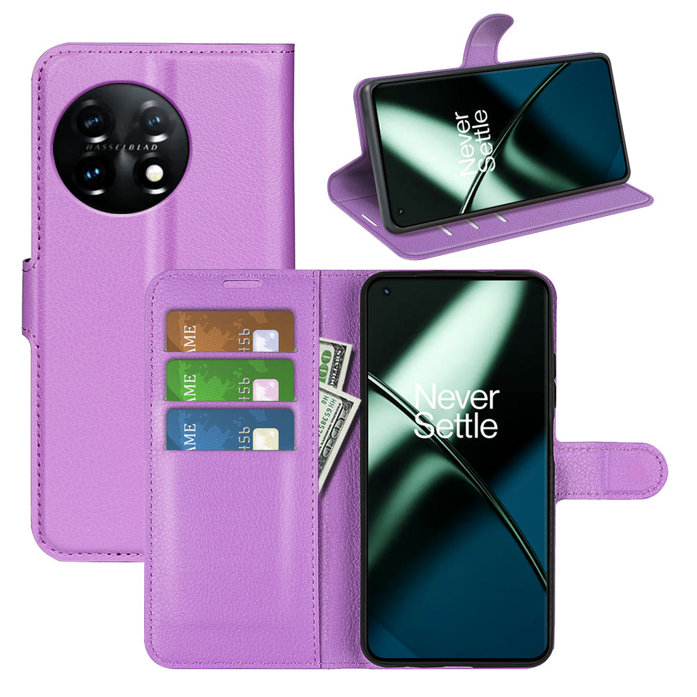 Phone Stand Wallet Cover for OnePlus 11 5G, Litchi Texture Book Style PU Leather Phone Flip Case - Purple