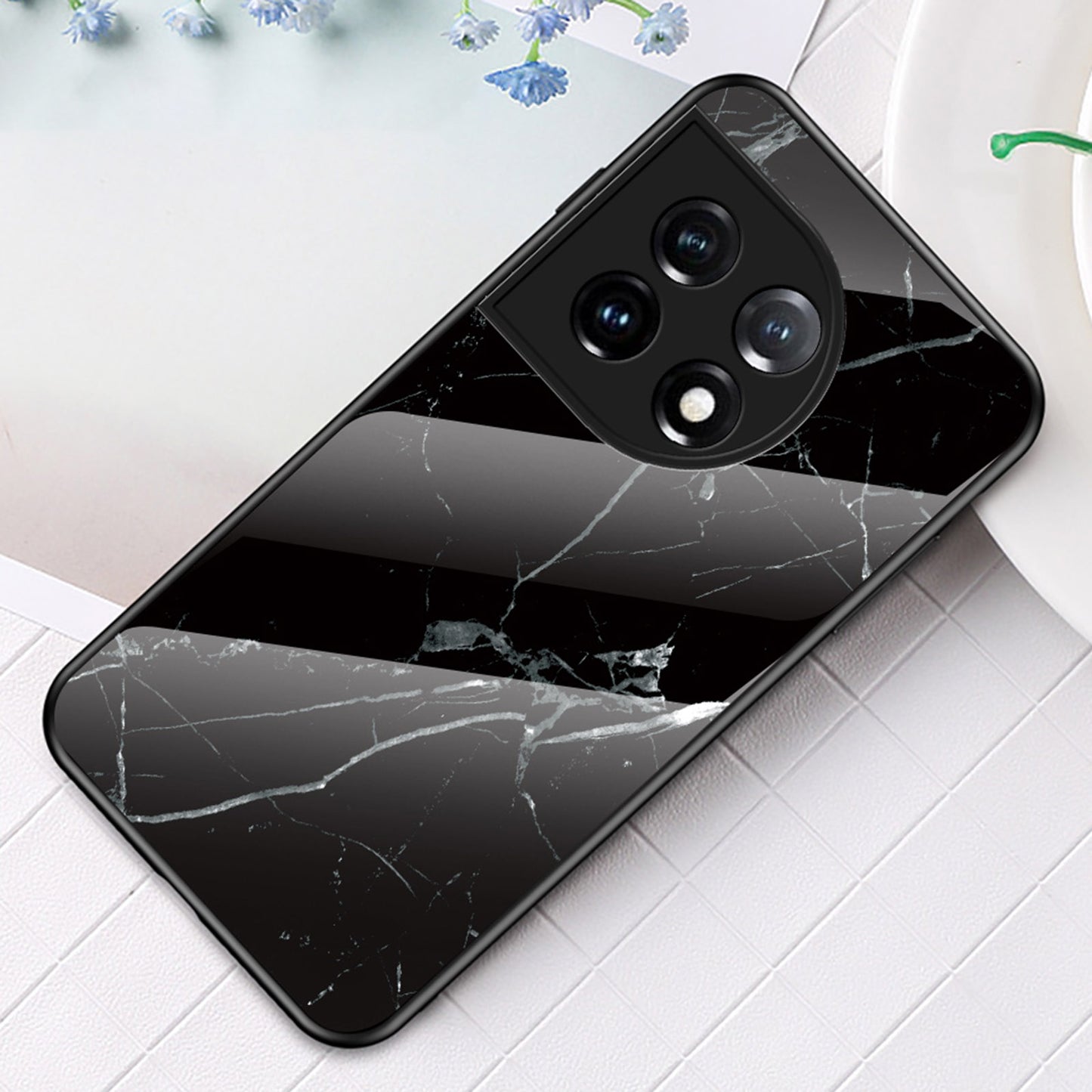 Tempered Glass + PC + TPU Phone Case for OnePlus 11 5G, Marble Pattern Printing Drop-proof Smartphone Cover - Black Marble