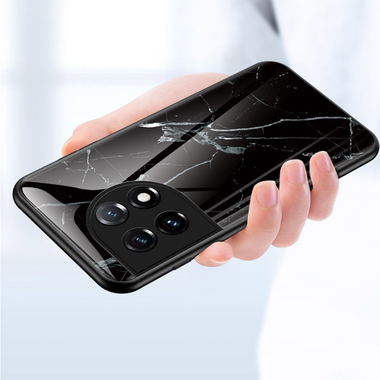 Tempered Glass + PC + TPU Phone Case for OnePlus 11 5G, Marble Pattern Printing Drop-proof Smartphone Cover - Black Marble