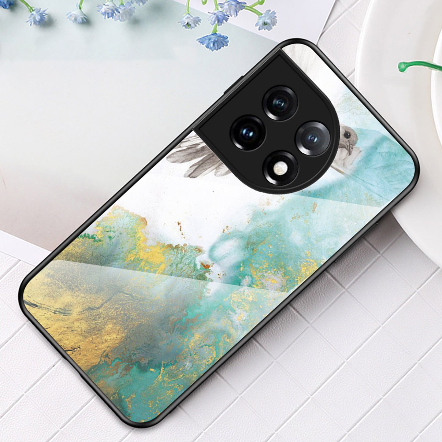 Tempered Glass + PC + TPU Phone Case for OnePlus 11 5G, Marble Pattern Printing Drop-proof Smartphone Cover - Flying Pigeon Marble