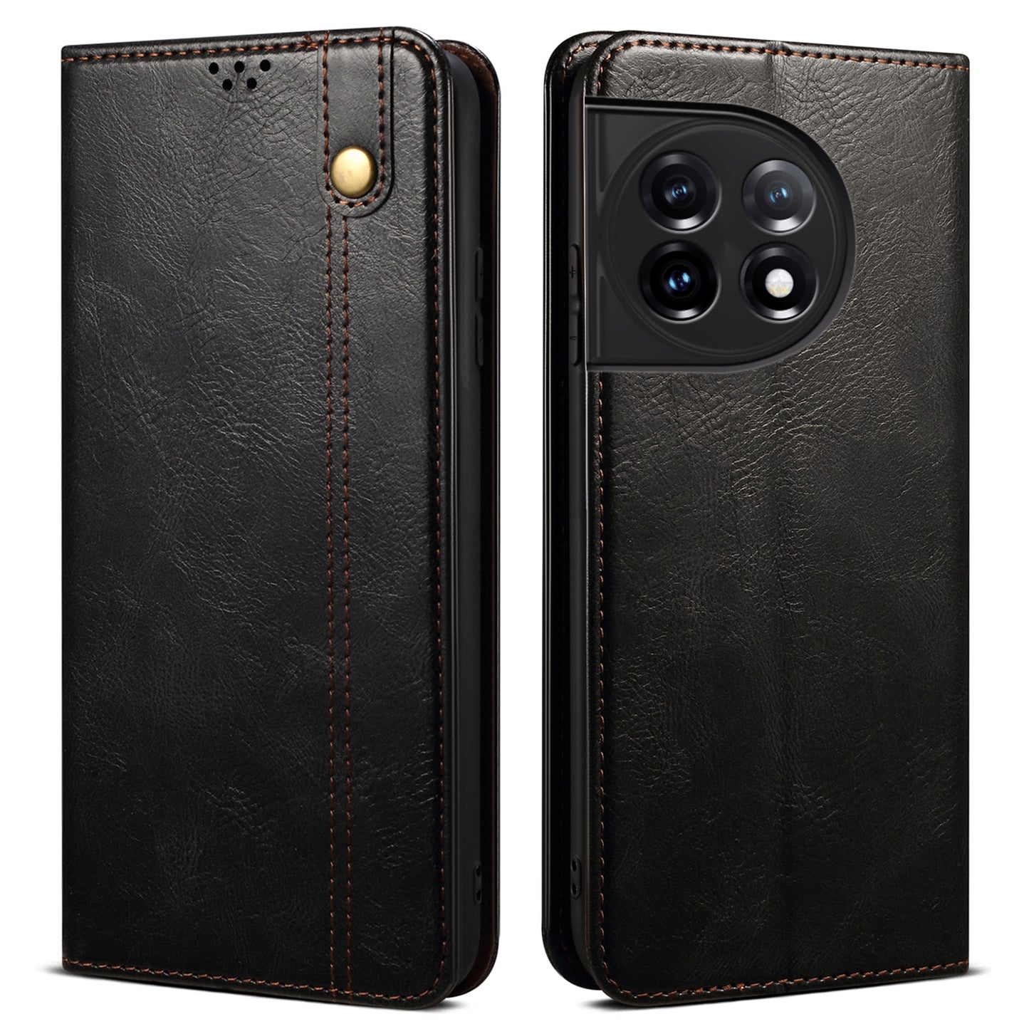 Phone Stand Case for OnePlus 11 5G, PU Leather Waxy Crazy Horse Texture Stand Smartphone Cover - Black