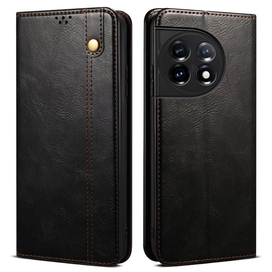 Phone Stand Case for OnePlus 11 5G, PU Leather Waxy Crazy Horse Texture Stand Smartphone Cover - Black