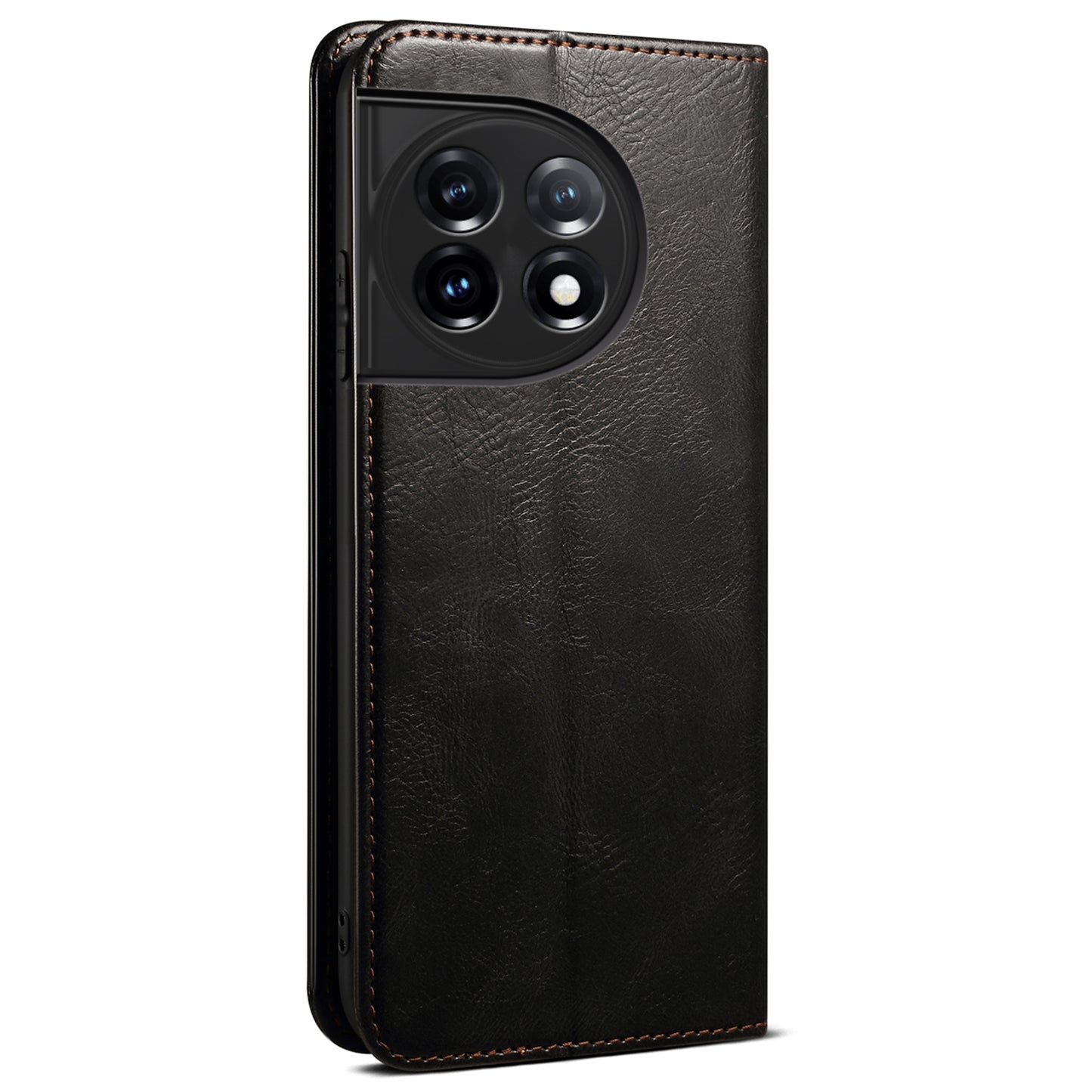 Phone Stand Case for OnePlus 11 5G, PU Leather Waxy Crazy Horse Texture Stand Smartphone Cover - Black