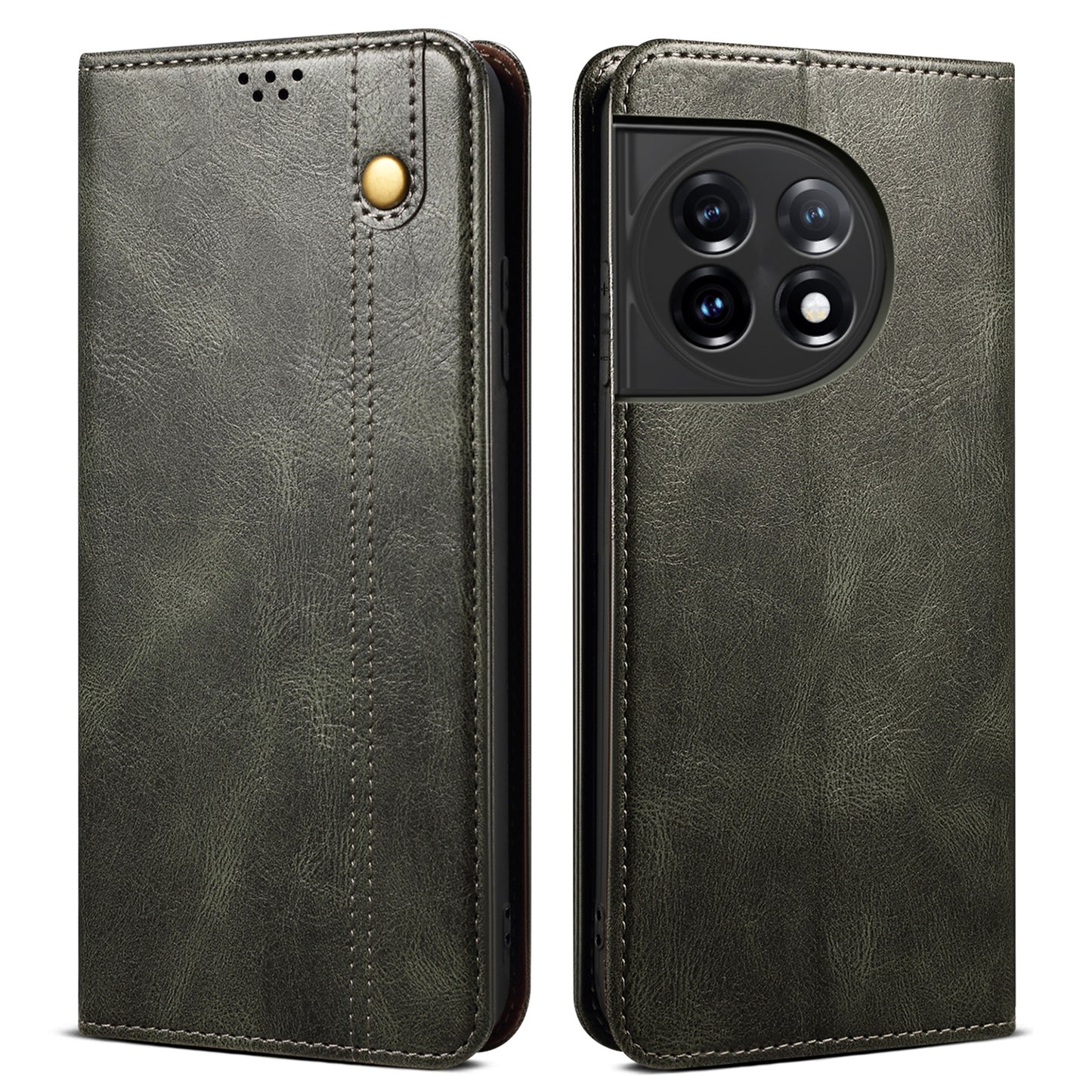 Phone Stand Case for OnePlus 11 5G, PU Leather Waxy Crazy Horse Texture Stand Smartphone Cover - Green