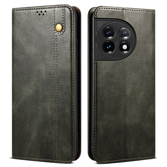 Phone Stand Case for OnePlus 11 5G, PU Leather Waxy Crazy Horse Texture Stand Smartphone Cover - Green