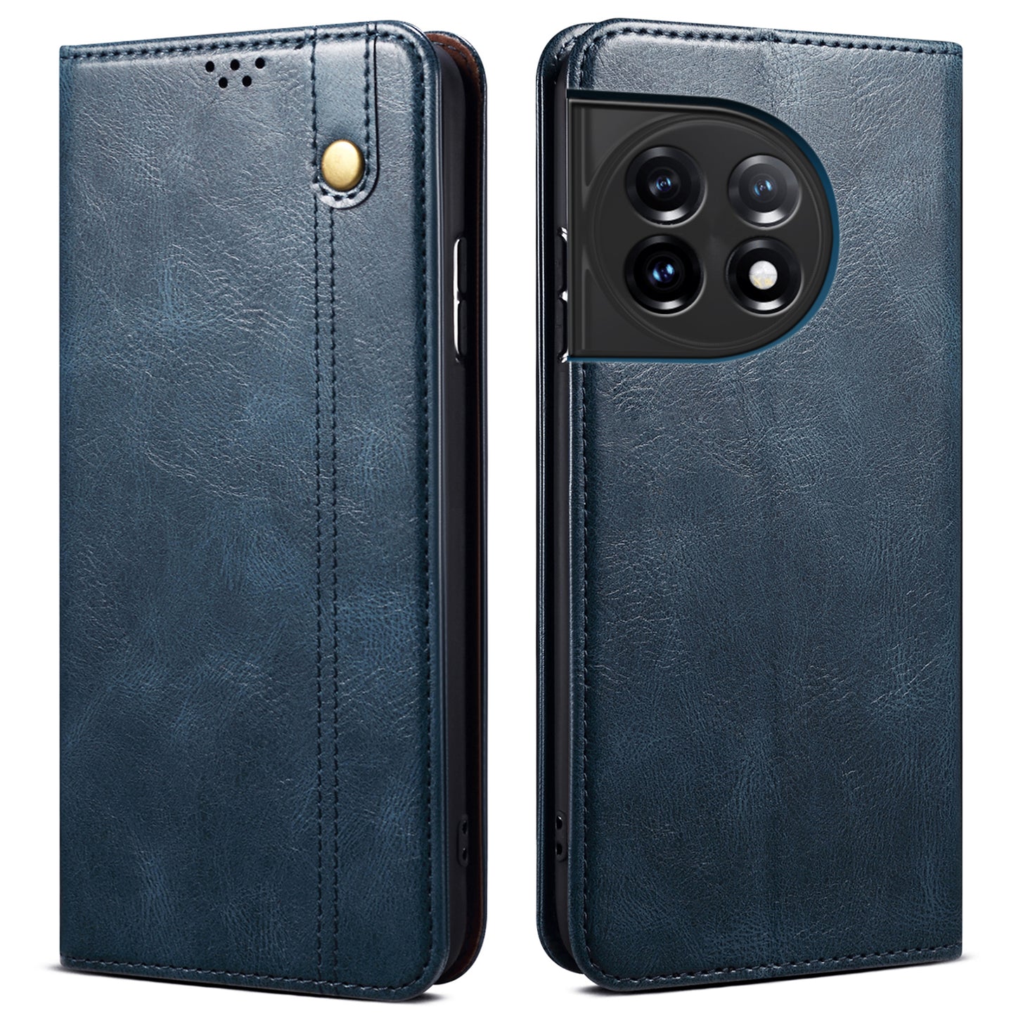 Phone Stand Case for OnePlus 11 5G, PU Leather Waxy Crazy Horse Texture Stand Smartphone Cover - Blue