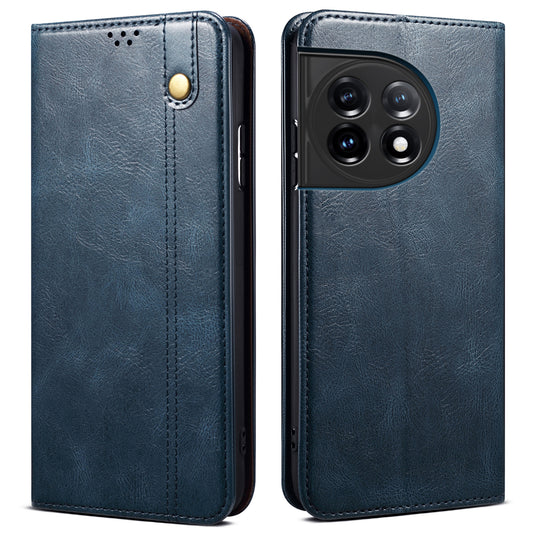 Phone Stand Case for OnePlus 11 5G, PU Leather Waxy Crazy Horse Texture Stand Smartphone Cover - Blue