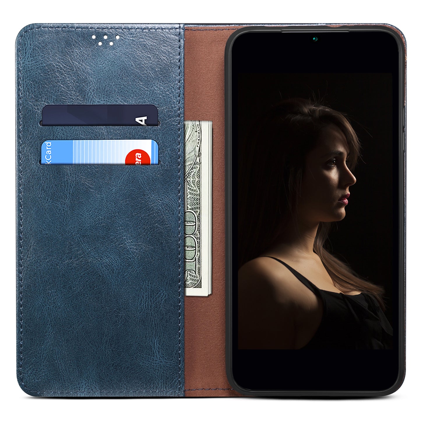 Phone Stand Case for OnePlus 11 5G, PU Leather Waxy Crazy Horse Texture Stand Smartphone Cover - Blue
