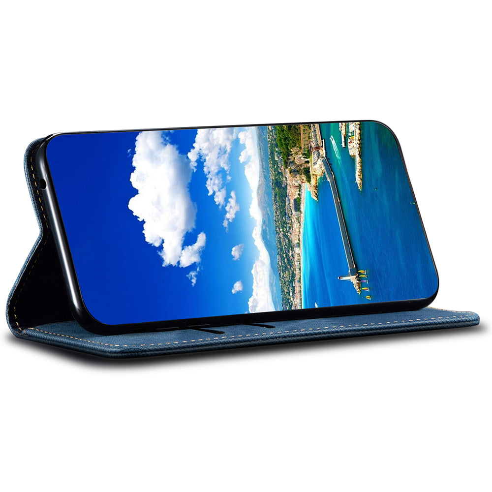 PU Leather Phone Stand Case for OnePlus 11 5G, Jeans Cloth Texture Cell Phone Wallet Cover - Blue