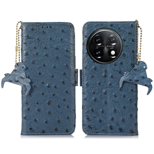 RFID Blocking Phone Cover For OnePlus 11 5G, Ostrich Pattern Leather Shockproof Phone Case with Stand Wallet - Blue