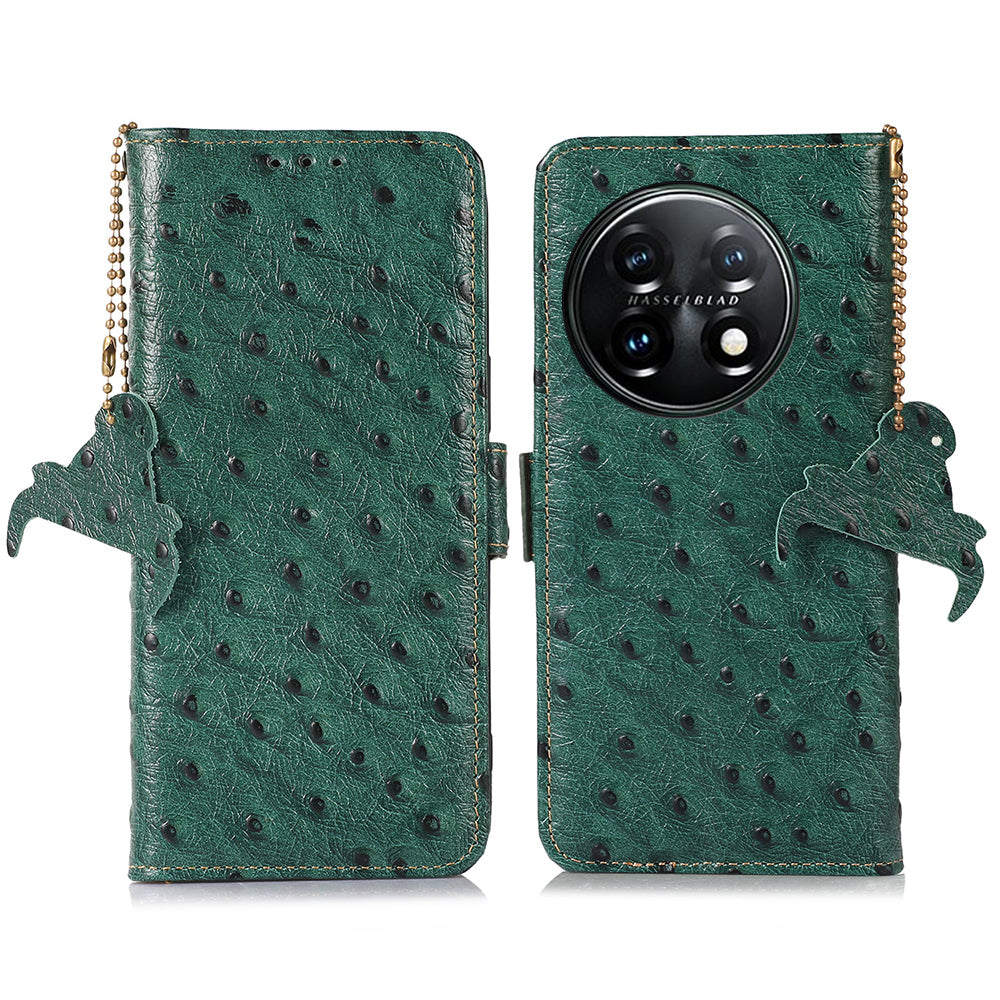 RFID Blocking Phone Cover For OnePlus 11 5G, Ostrich Pattern Leather Shockproof Phone Case with Stand Wallet - Green