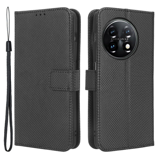 For OnePlus 11 5G PU Leather Cell Phone Cover Diamond Texture Flip Wallet Stand Full Protection Phone Case - Black