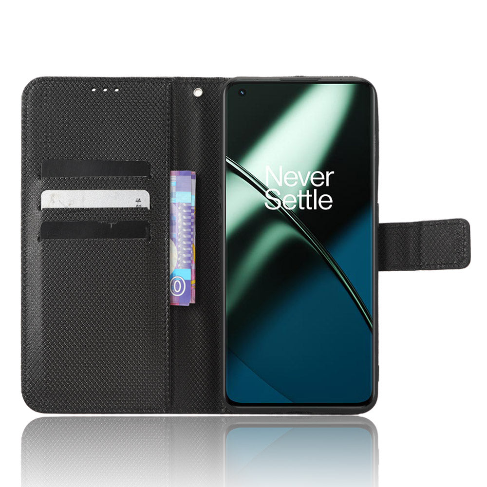 For OnePlus 11 5G PU Leather Cell Phone Cover Diamond Texture Flip Wallet Stand Full Protection Phone Case - Black