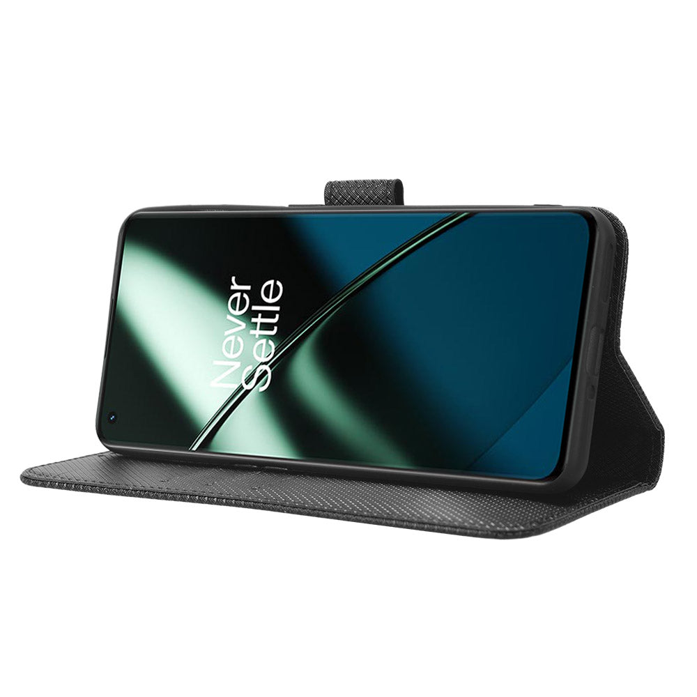 For OnePlus 11 5G PU Leather Cell Phone Cover Diamond Texture Flip Wallet Stand Full Protection Phone Case - Black