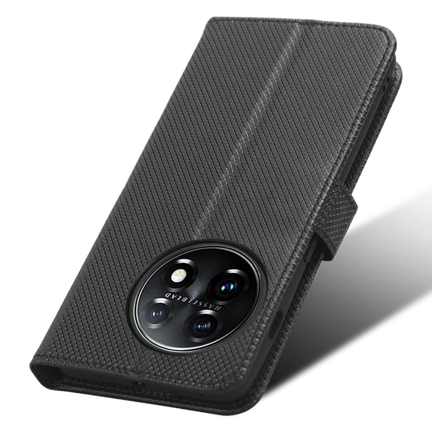 For OnePlus 11 5G PU Leather Cell Phone Cover Diamond Texture Flip Wallet Stand Full Protection Phone Case - Black
