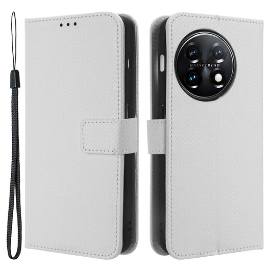 For OnePlus 11 5G PU Leather Cell Phone Cover Diamond Texture Flip Wallet Stand Full Protection Phone Case - White