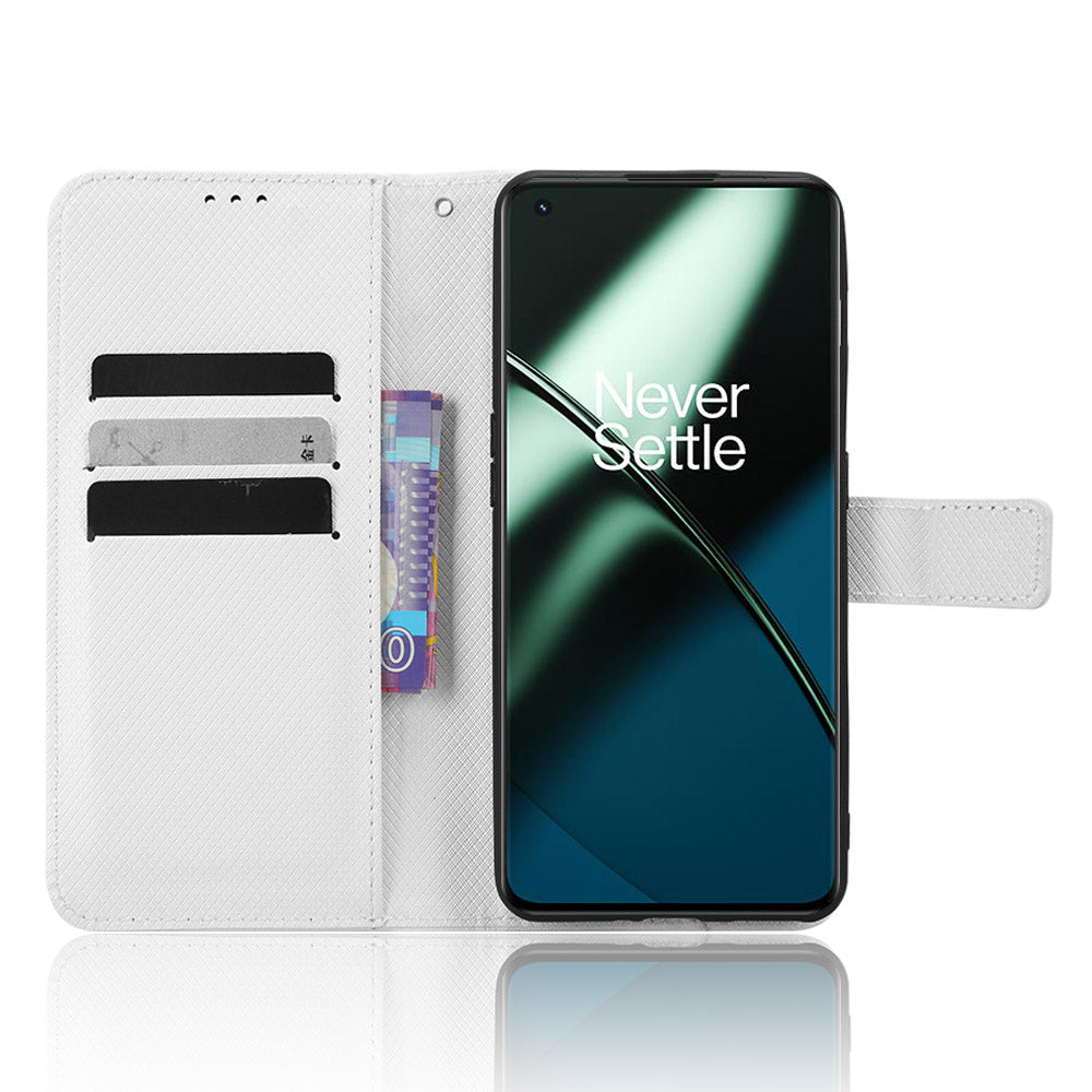For OnePlus 11 5G PU Leather Cell Phone Cover Diamond Texture Flip Wallet Stand Full Protection Phone Case - White